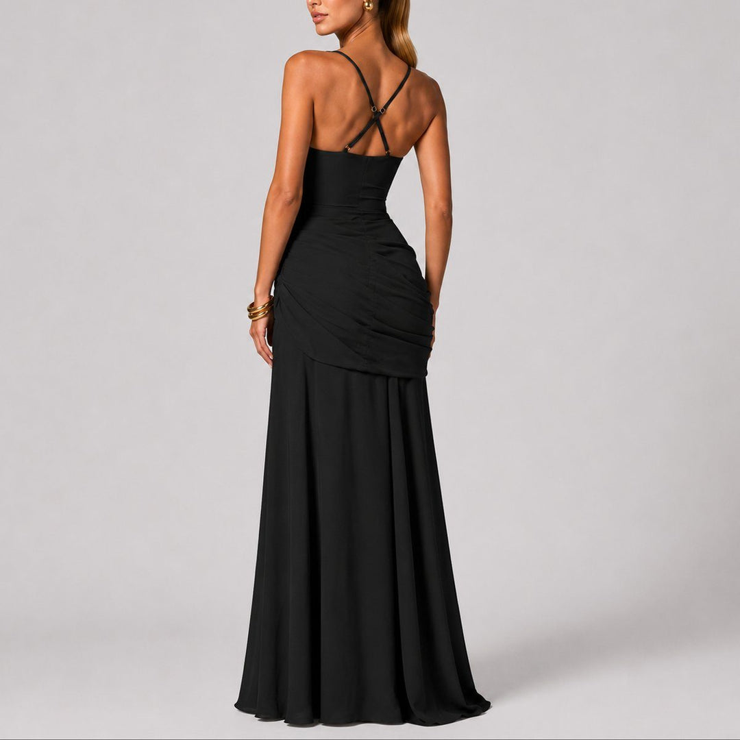 Women's square neck ruched maxi dress, a chic and formal choice for autumn weddings and special occasions.