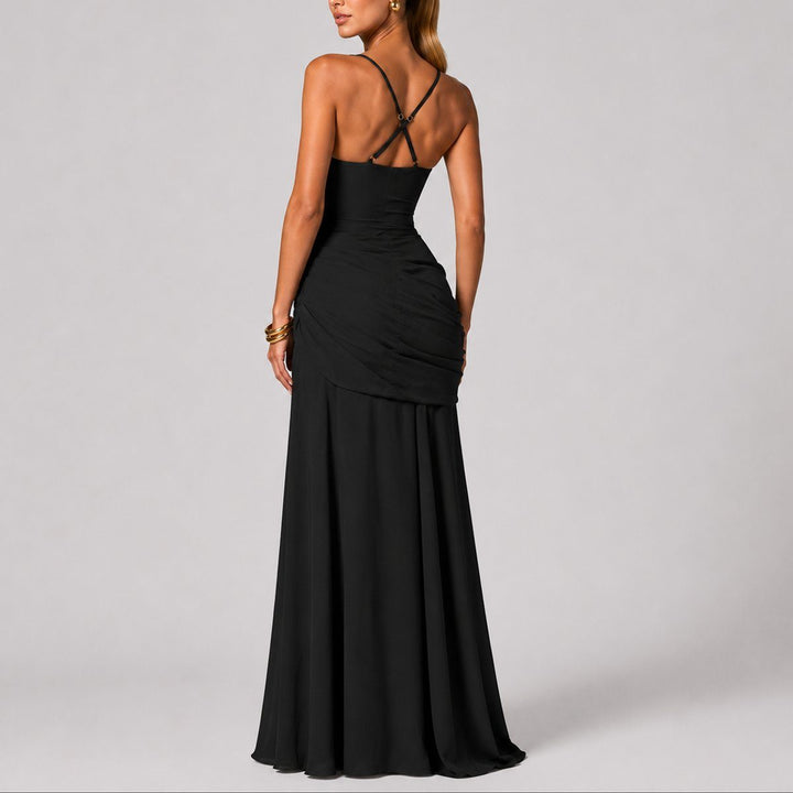 Women's square neck ruched maxi dress, a chic and formal choice for autumn weddings and special occasions.