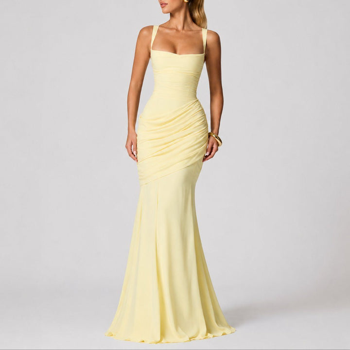 Flowing ruched maxi dress for women, an elegant and comfortable evening gown for autumn wedding guests.