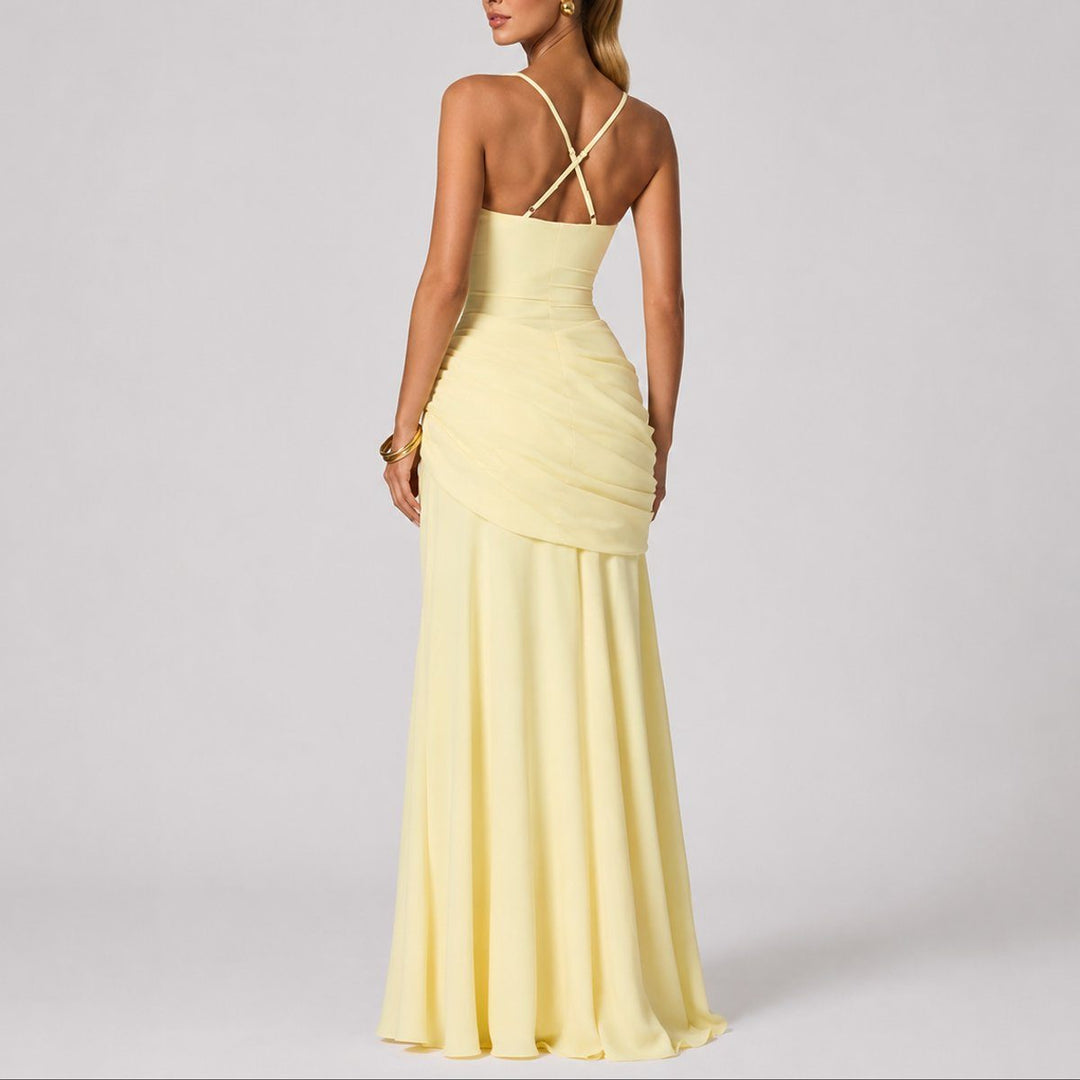 Formal women's maxi dress with ruched details, ideal as a sophisticated autumn wedding guest dress.