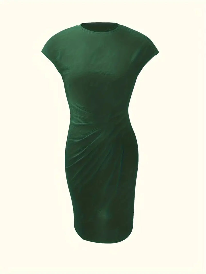 Classic women's knee-length ruched dress, sophisticated and flattering fit.