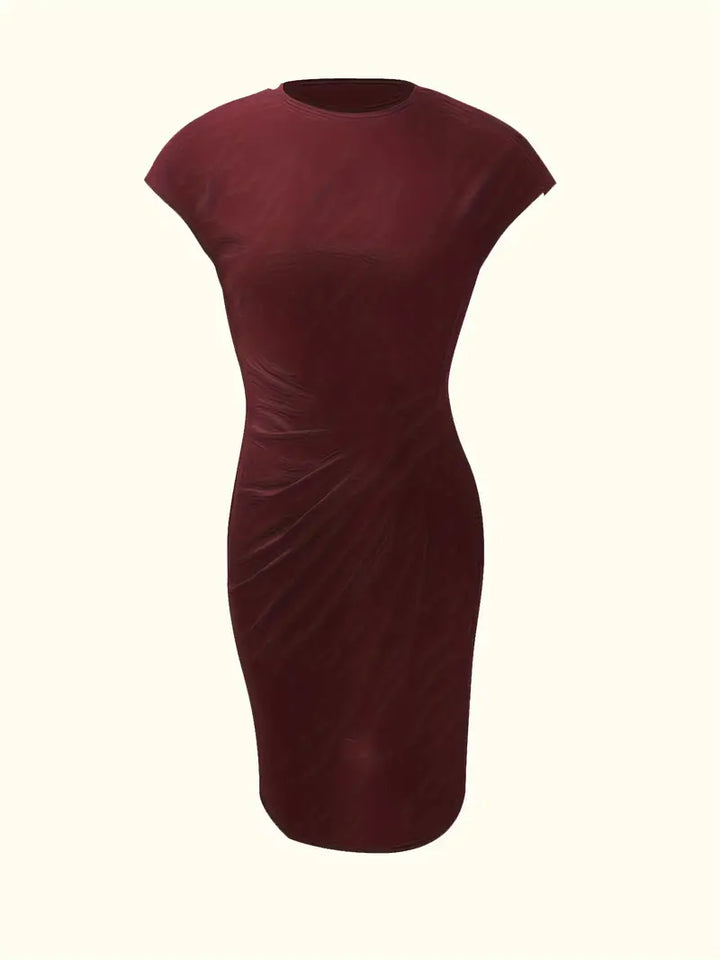 Stylish women's knee-length ruched sheath dress, ideal for a refined look.