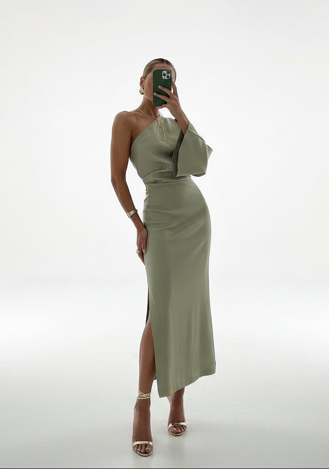Elegant sage green women's asymmetric drape sleeve midi dress with a sleek side slit, perfect for formal events.