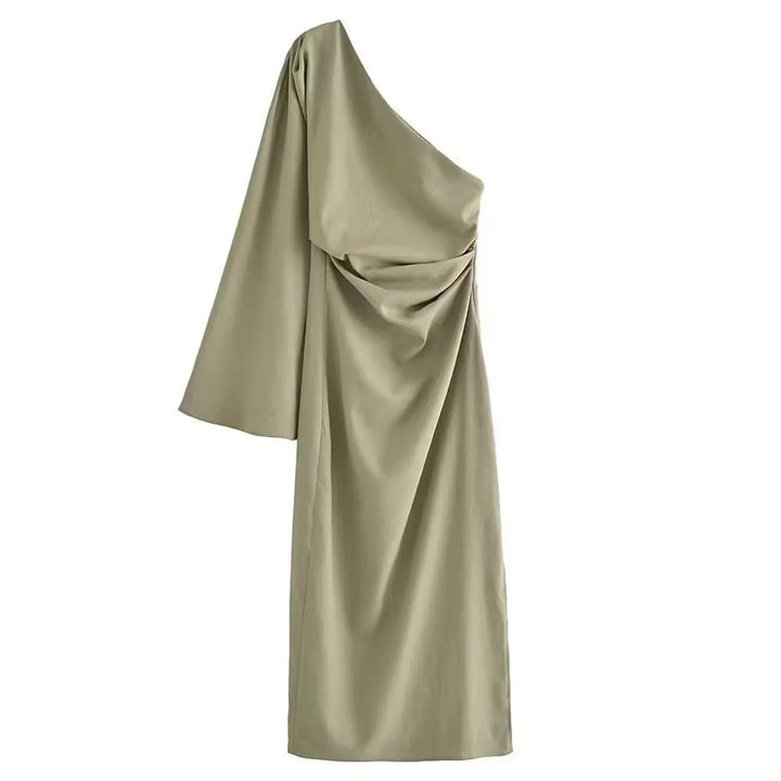 Stylish women's asymmetric drape sleeve cocktail midi dress in sage green, featuring a chic side slit.