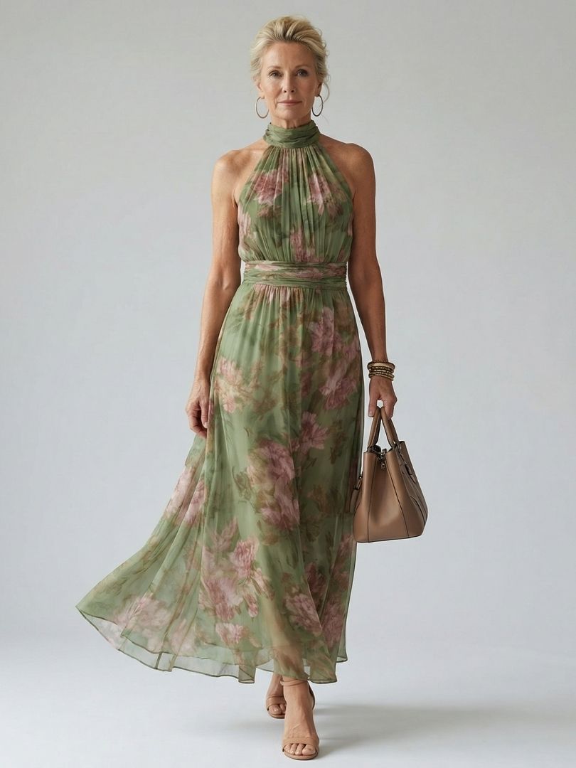 Elegant sage green women's gathered halter midi dress, perfect for summer events.
