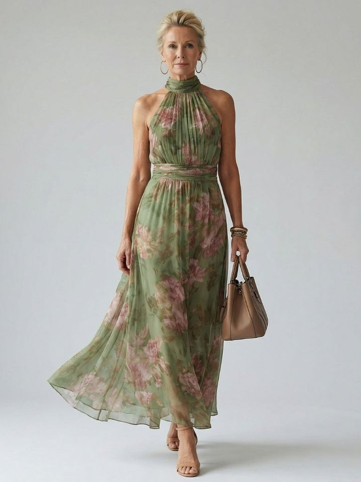 Elegant sage green women's gathered halter midi dress, perfect for summer events.