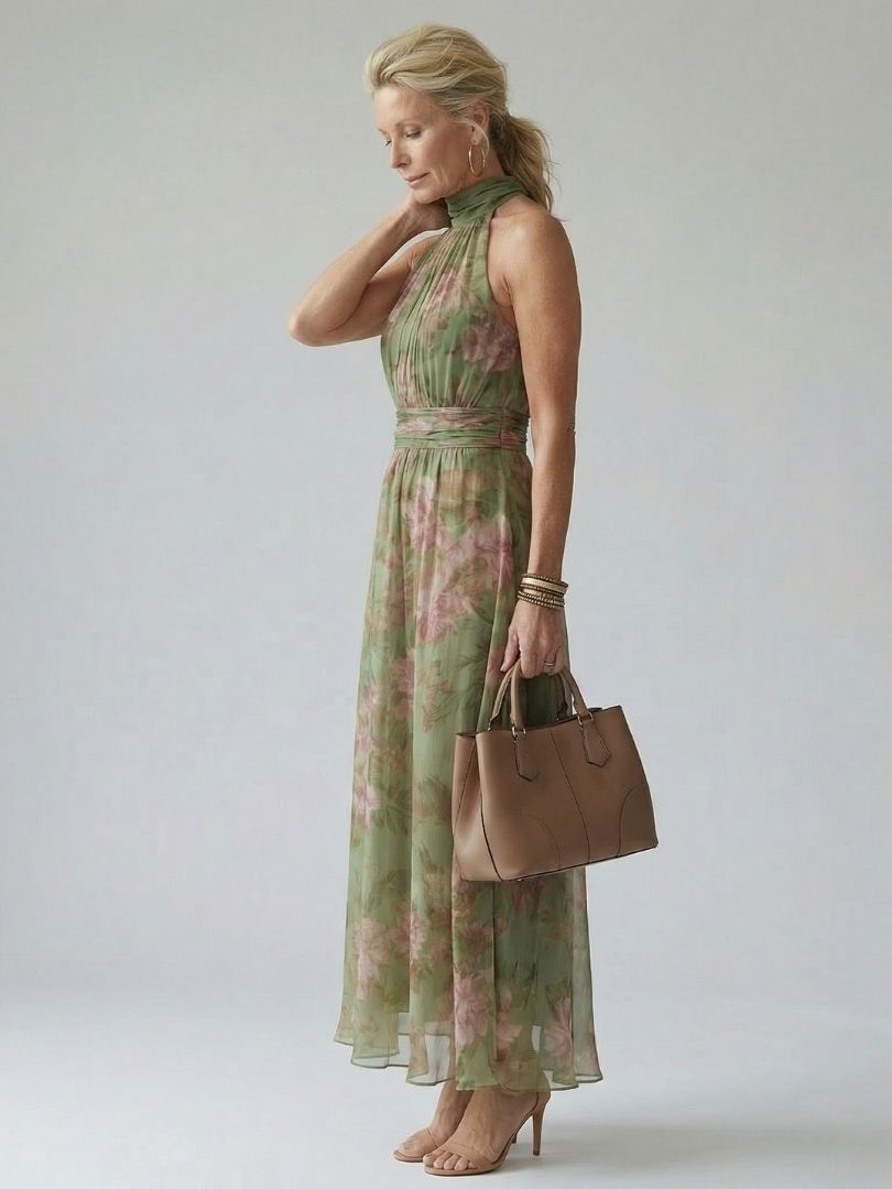 Stylish sleeveless gathered sage green midi dress, a comfortable and chic women's summer piece.
