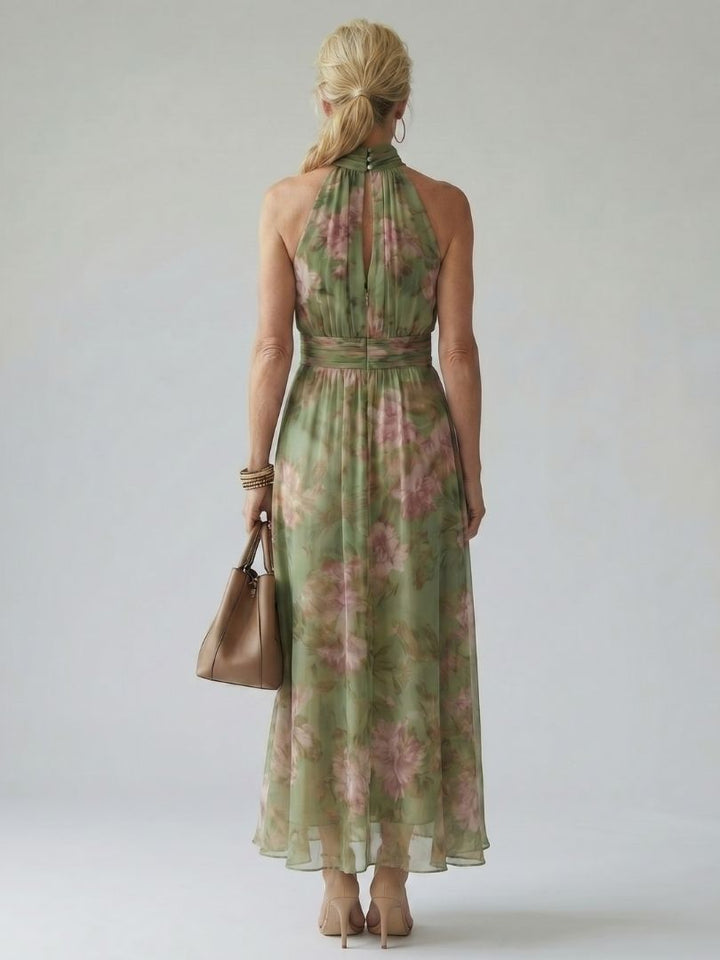 Flowy floral halter midi dress, a sophisticated and breezy women's summer dress in sage green.