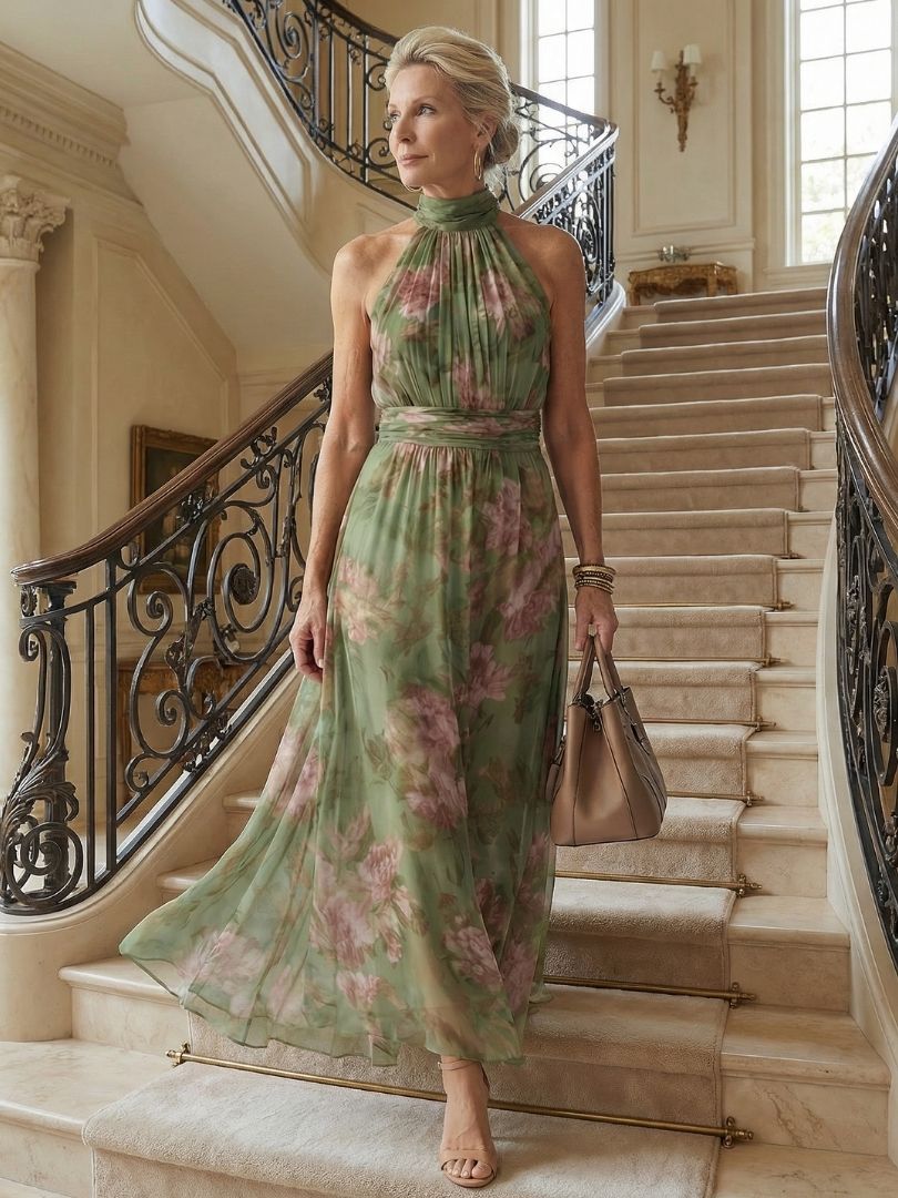 Versatile women's floral midi dress, a breezy halter style perfect for casual summer wear.