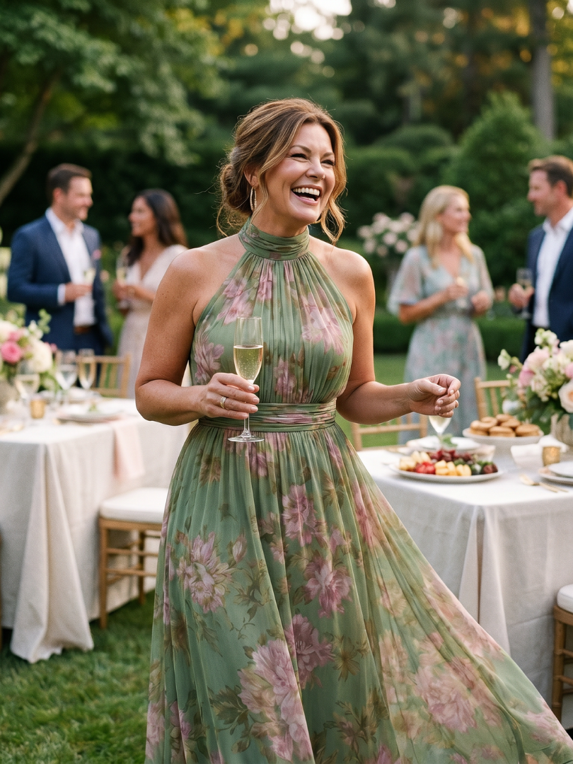 Chic sage green women's midi dress, featuring a halter design and breezy fabric for summer.