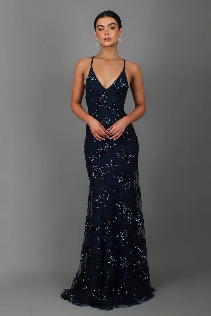 Women's glamorous sequin floor-length gown, perfect for red carpet, galas & formal parties.