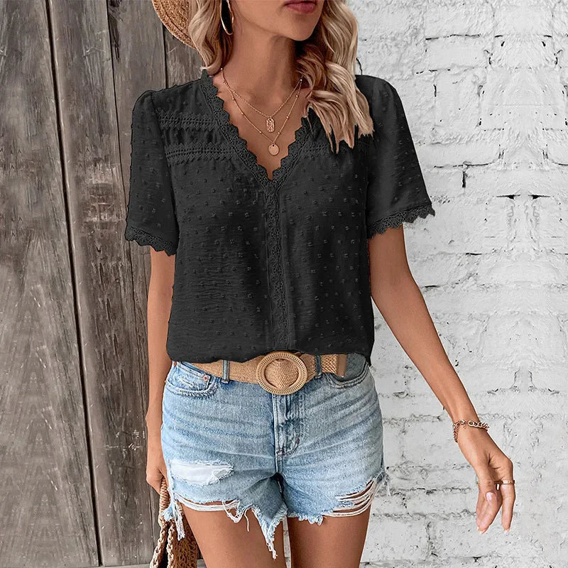 Comfortable elegant short sleeve blouse for women, great for office or casual elegance.