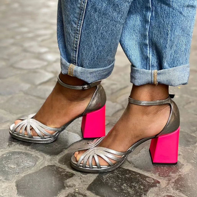 Elegant silver women's block heel ankle strap sandals, perfect for parties, casual wear, or summer fashion.
