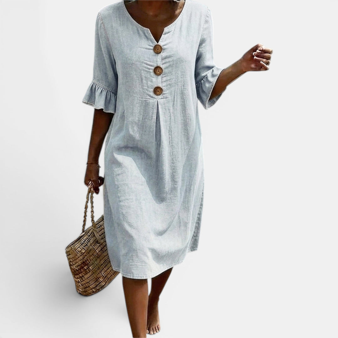Elegant sky blue women's casual button-front midi dress, perfect for versatile everyday summer style.