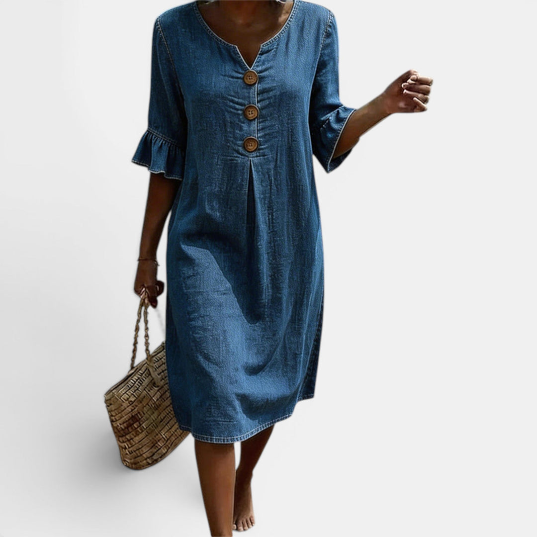 Stylish blue long midi dress for women, featuring a casual button-front design for elegant everyday style.