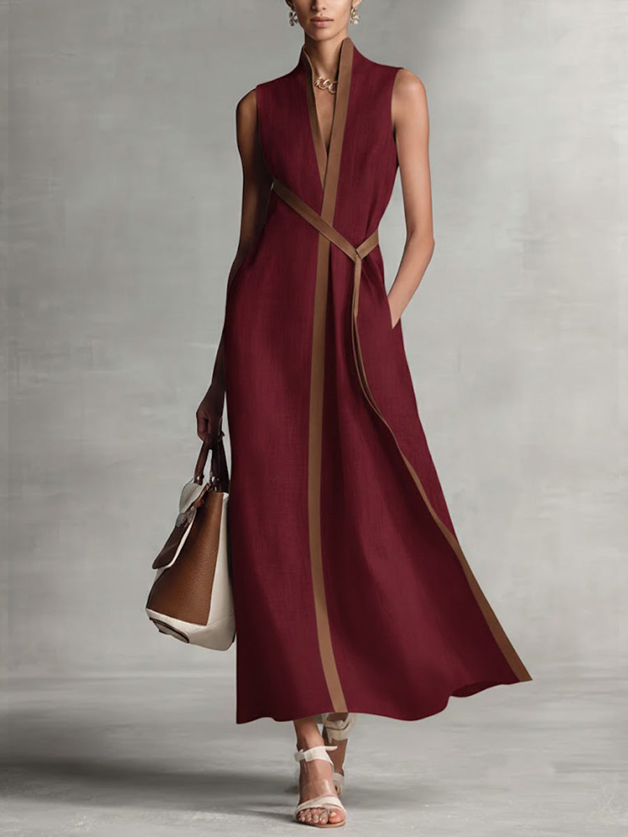 Luxurious women's elegant sleeveless wrap maxi dress, flowy fabric for a sophisticated summer or party look.