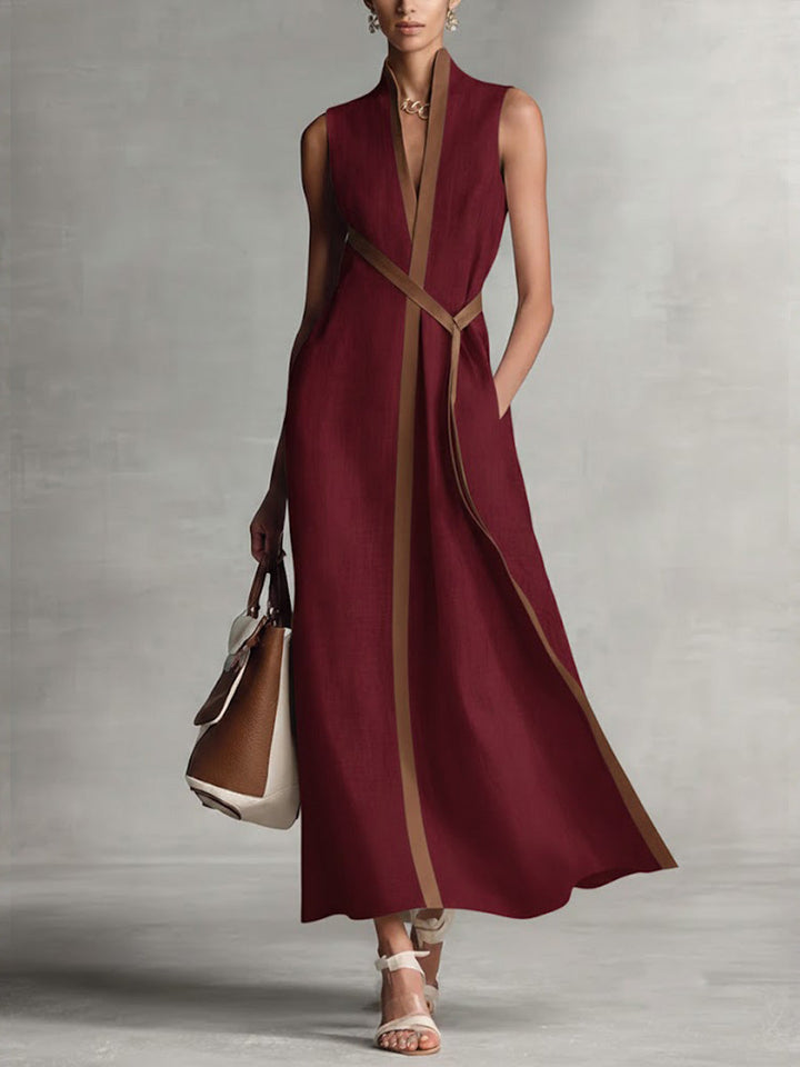 Luxurious women's elegant sleeveless wrap maxi dress, flowy fabric for a sophisticated summer or party look.