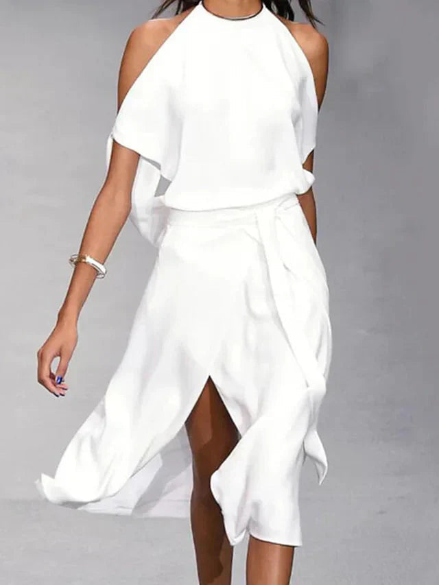Versatile sleeveless wrap midi dress for women. Available in grey, black, or white, great for summer events.