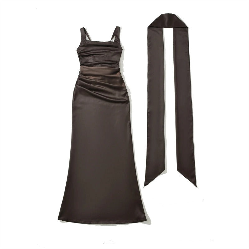 Long elegant square neck formal dress, a perfect wedding guest outfit or gala dress for women.