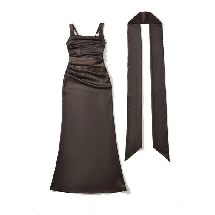Long elegant square neck formal dress, a perfect wedding guest outfit or gala dress for women.