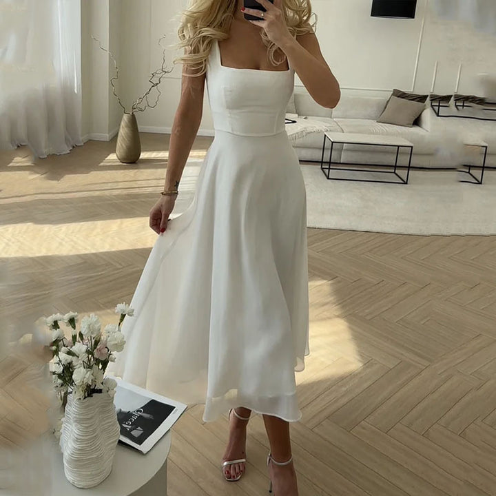 Elegant square neck midi dress for women. Ideal wedding guest dress, formal party wear, or cocktail occasion dress.