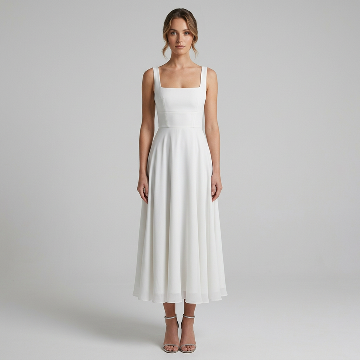 Chic women's square neck midi dress. Perfect for wedding guests, formal events, cocktail parties, or special occasions.