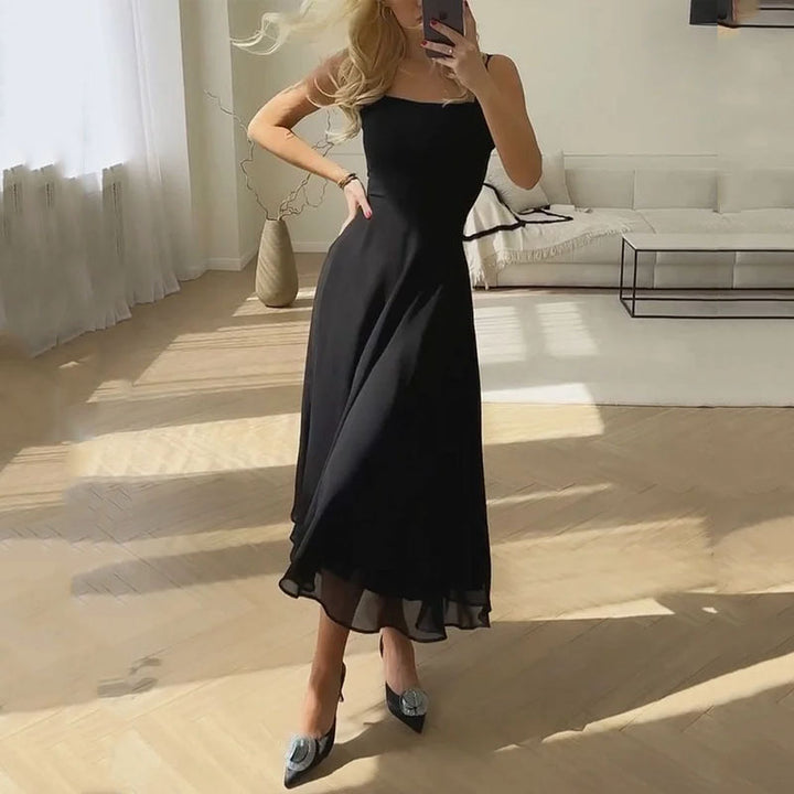 Stylish women's elegant square neck midi dress. A beautiful choice for wedding guests, parties, and formal events.