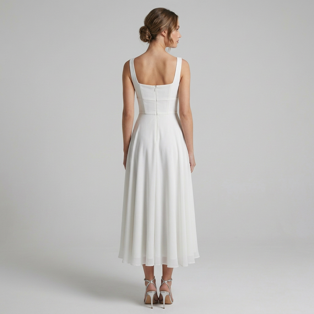 Formal women's square neck midi dress. Elegant design, perfect for wedding guests, cocktail parties, and special occasions.