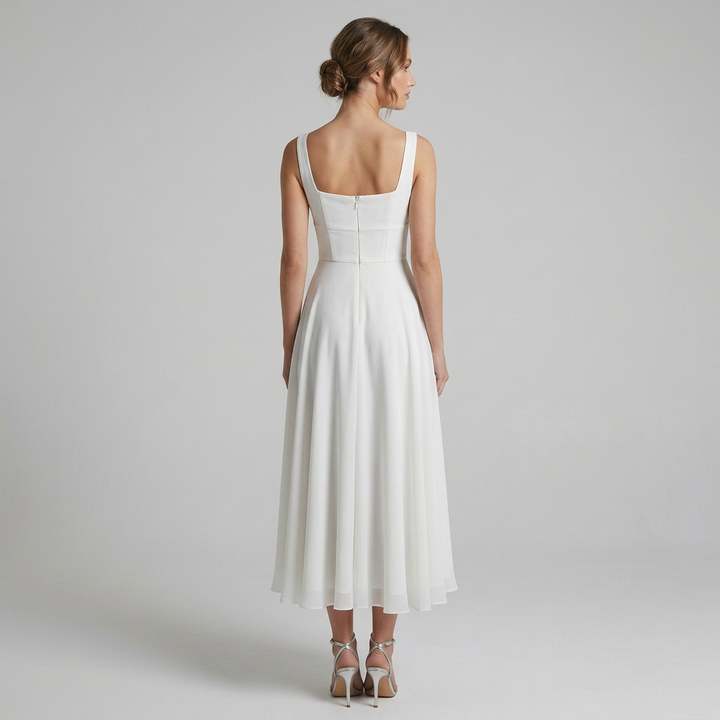 Formal women's square neck midi dress. Elegant design, perfect for wedding guests, cocktail parties, and special occasions.