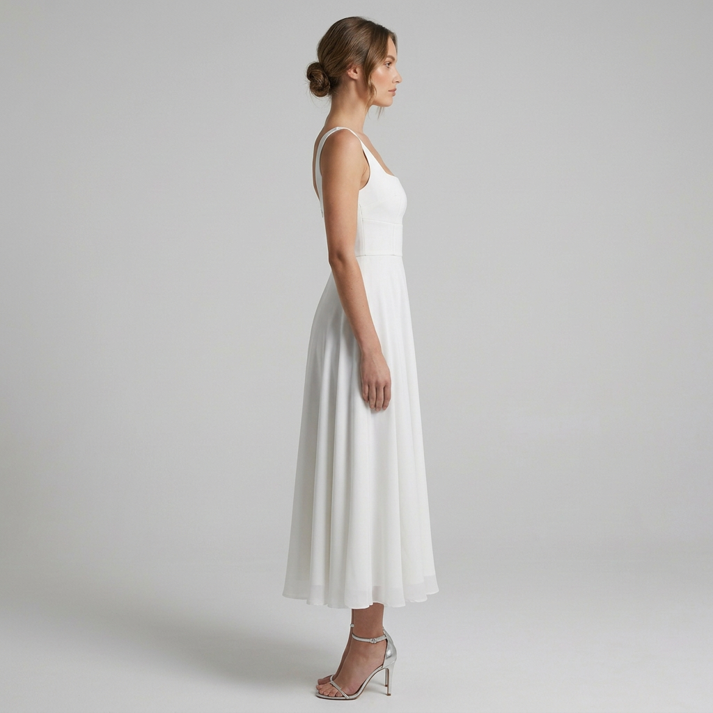 Beautiful women's square neck midi dress. Versatile and elegant for wedding guests, formal parties, or event wear.