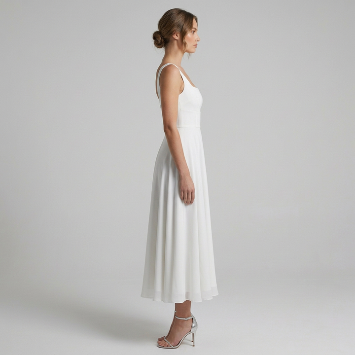 Beautiful women's square neck midi dress. Versatile and elegant for wedding guests, formal parties, or event wear.