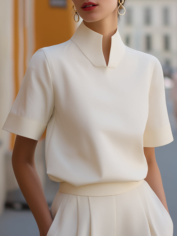 Elegant stand collar short sleeve women's work blouse, perfect for office fashion & professional wear.