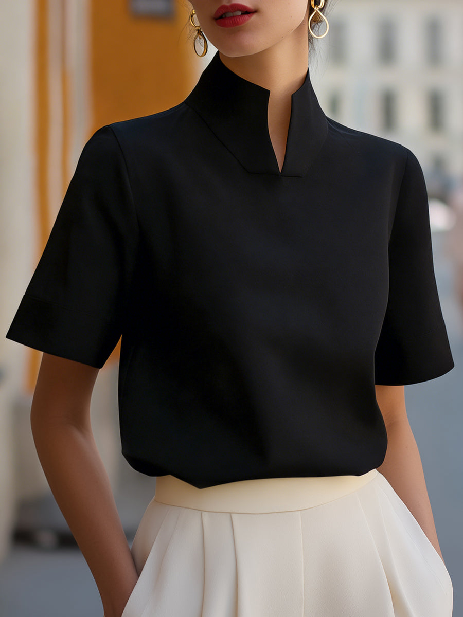 Versatile women's stand collar short sleeve top, suitable for office, work, and formal events.