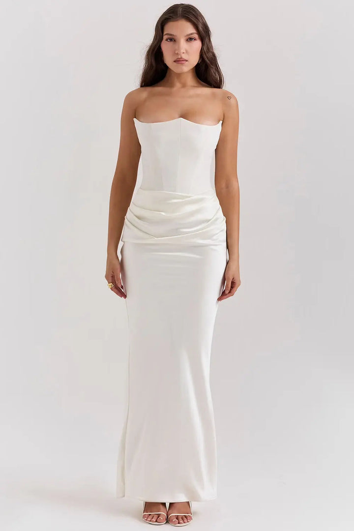 Women's strapless ruched bodycon maxi dress. Elegant long dress, ideal for formal evenings.