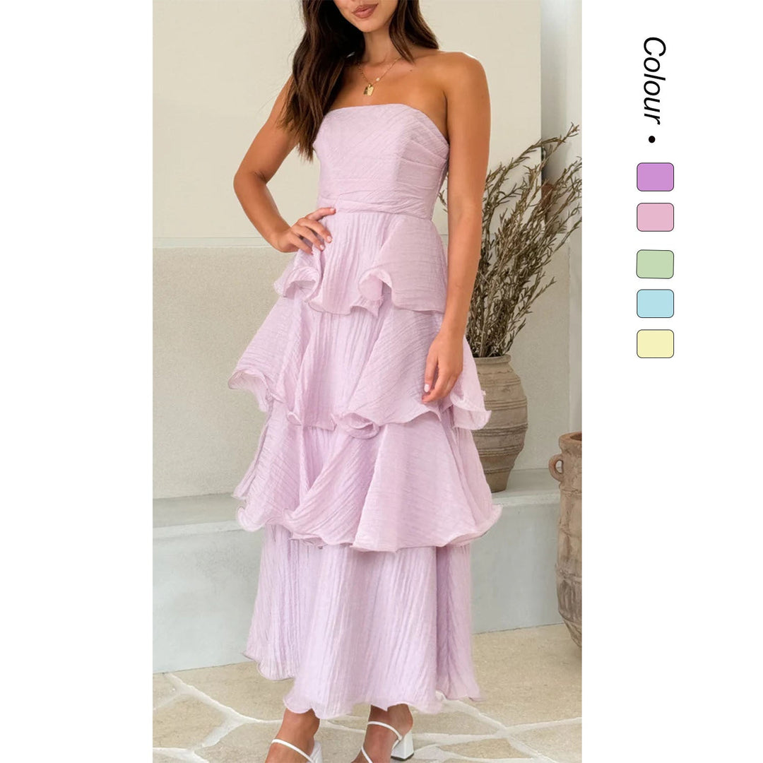 Elegant strapless tiered ruffle maxi dress for women, perfect for wedding guests & summer special occasions.
