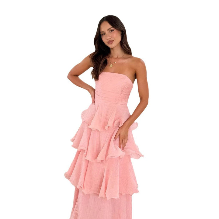 Comfortable & chic women's strapless tiered ruffle maxi dress, perfect for any wedding guest.
