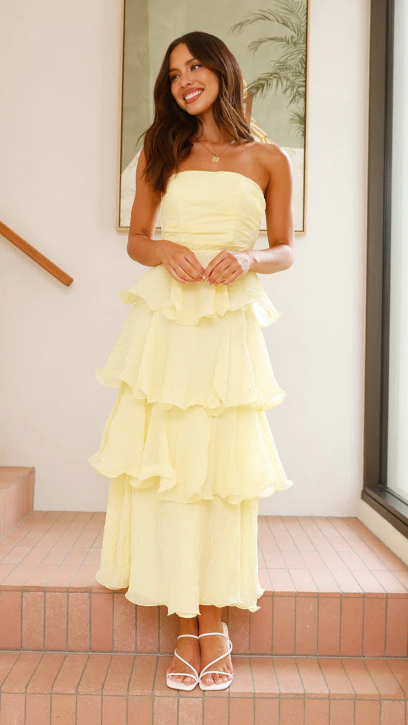 Gorgeous women's strapless maxi dress with tiered ruffles, suitable for weddings, parties & formal occasions.