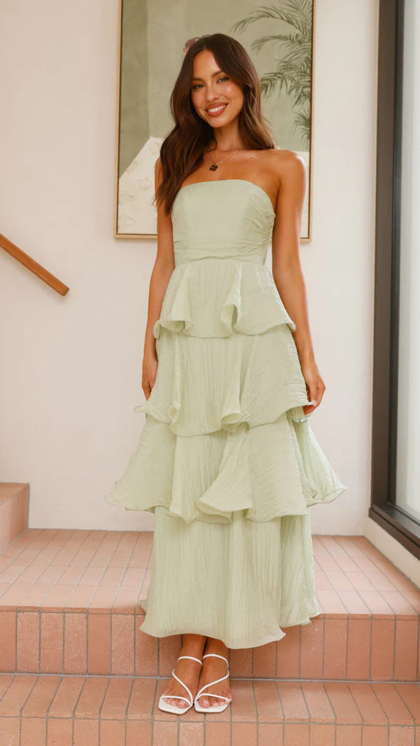 Sophisticated strapless tiered ruffle maxi dress for women, a stunning wedding guest or party dress.