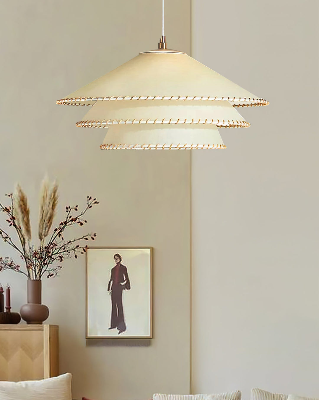 Natural tiered pendant light, offering a soft beige glow for a relaxing ambiance.