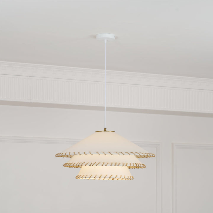Natural beige tiered pendant lamp, offering soft ambient light for modern interiors.