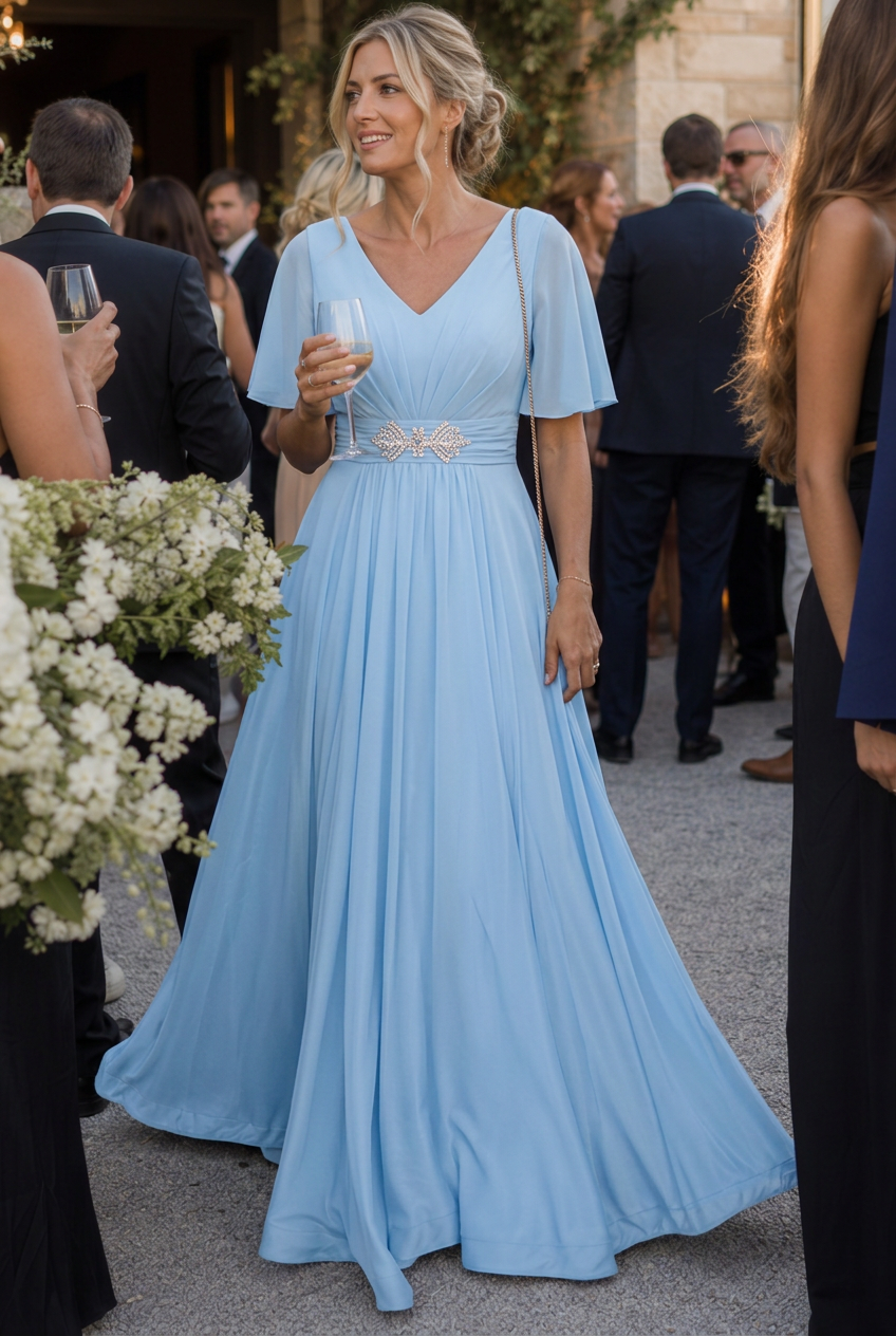 Elegant V-neck embellished flowing maxi dress for women. Ideal formal dress, party wear, or wedding guest attire.