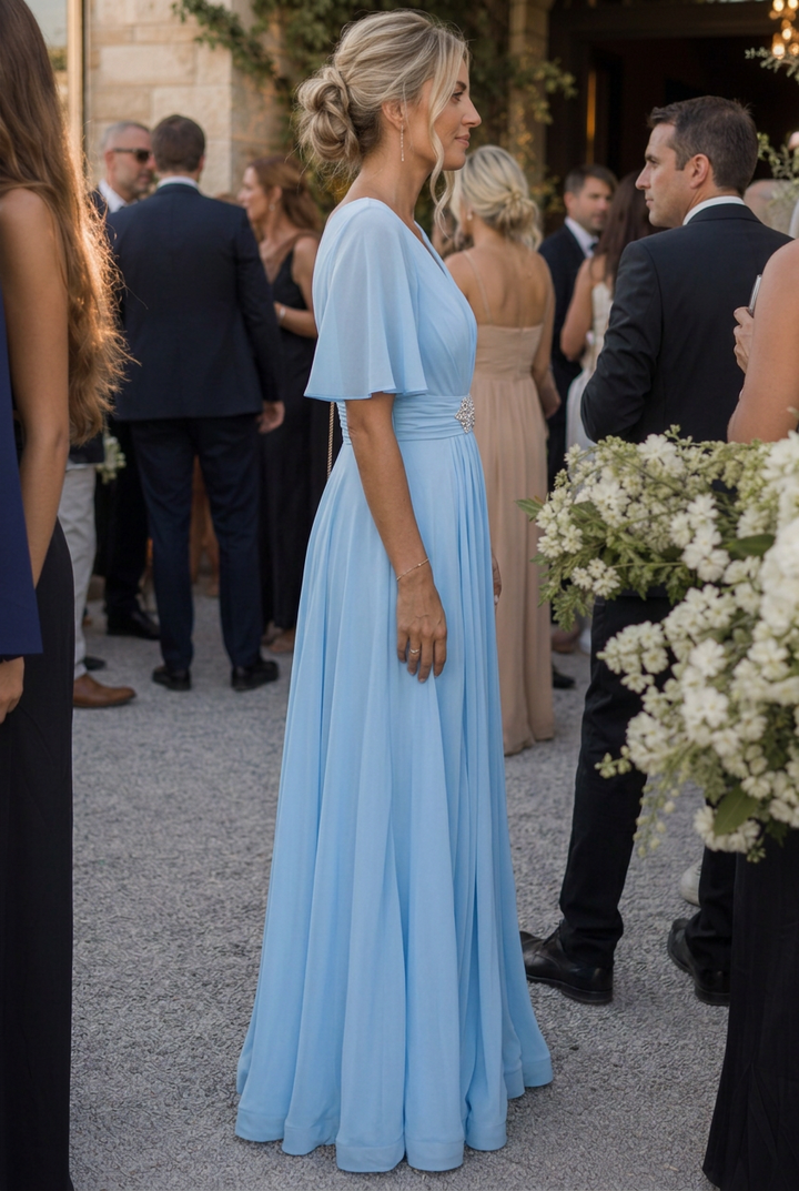 Women's formal V-neck embellished maxi dress with flutter sleeves. Flowing evening gown for elegant occasions.