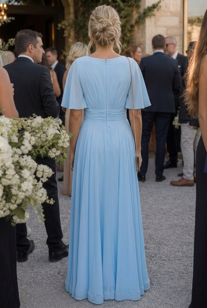 Comfortable women's elegant flowing maxi dress. Features a V-neckline & delicate embellishments. Perfect party dress.