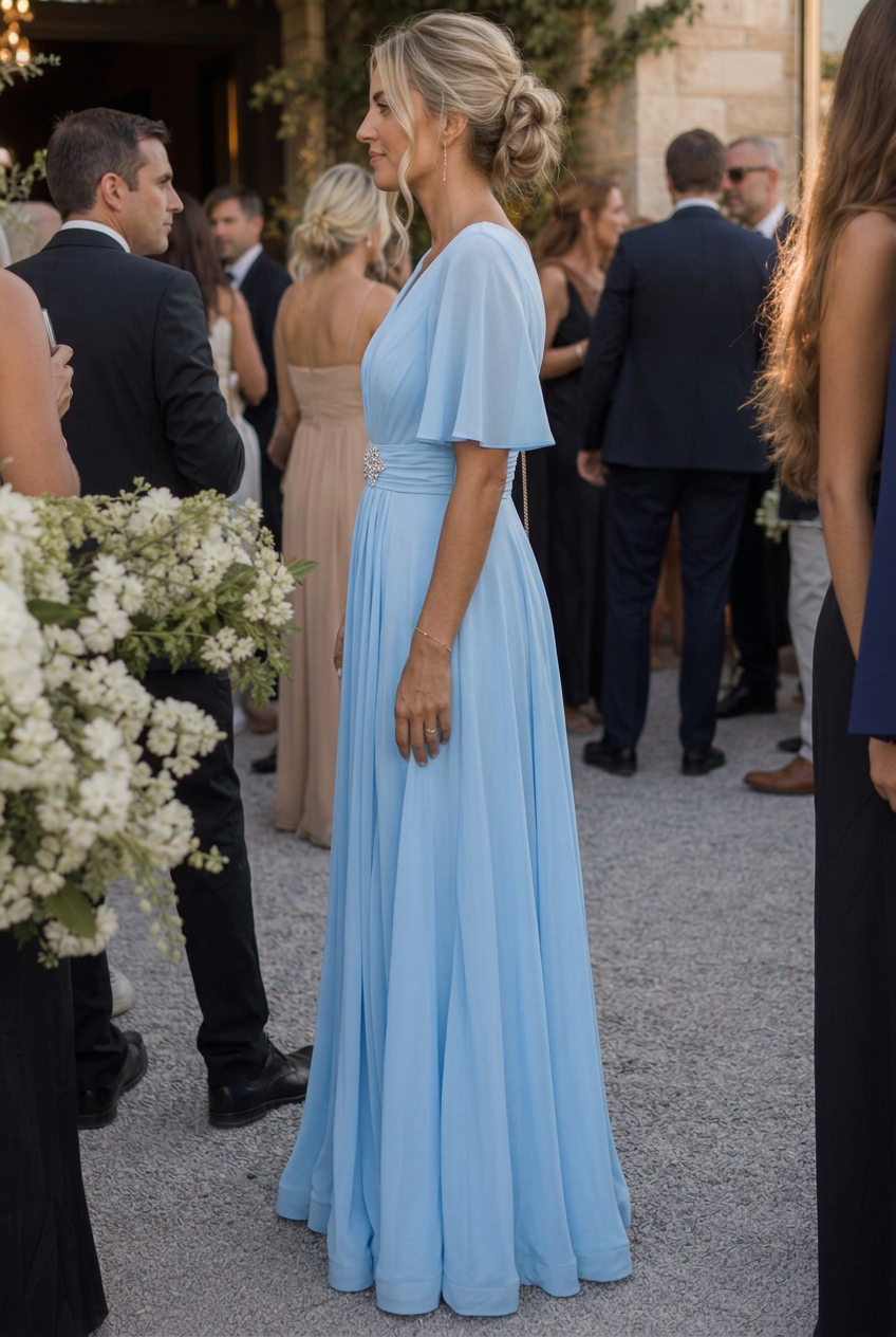 Beautifully embellished V-neck flowing maxi dress for women. An elegant evening gown, perfect for formal events.