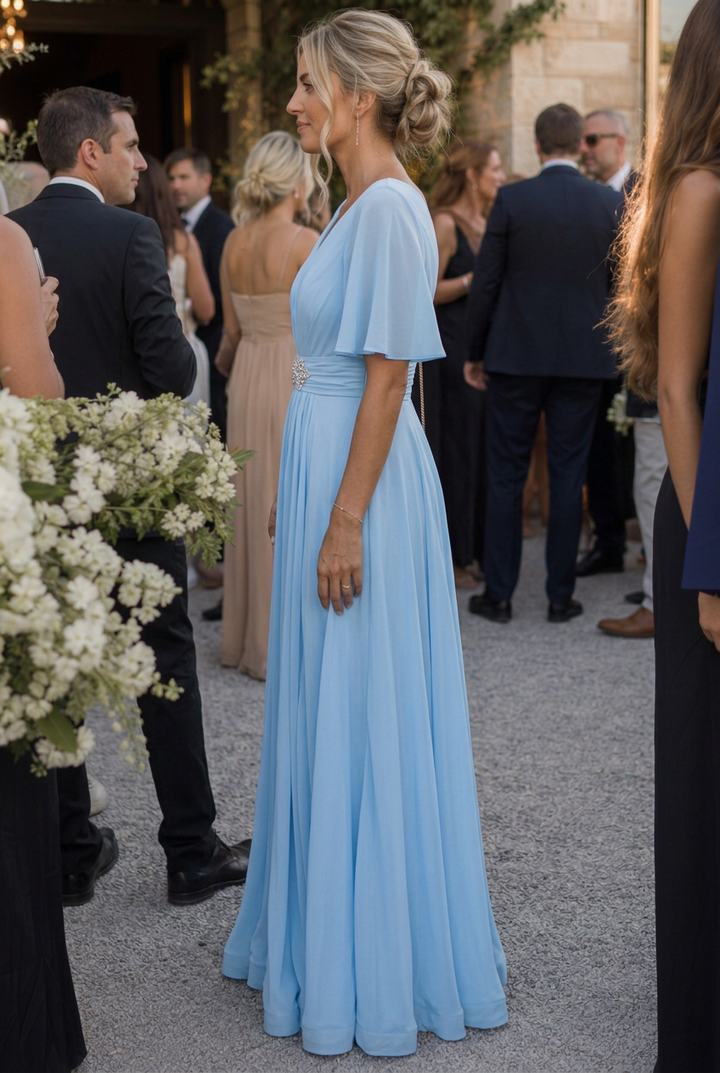 Beautifully embellished V-neck flowing maxi dress for women. An elegant evening gown, perfect for formal events.