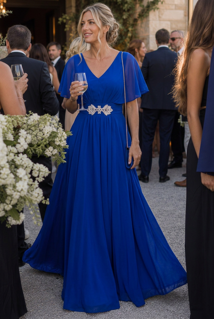 Sophisticated women's V-neck embellished maxi dress. Flowing silhouette, perfect as a formal evening gown or party dress.