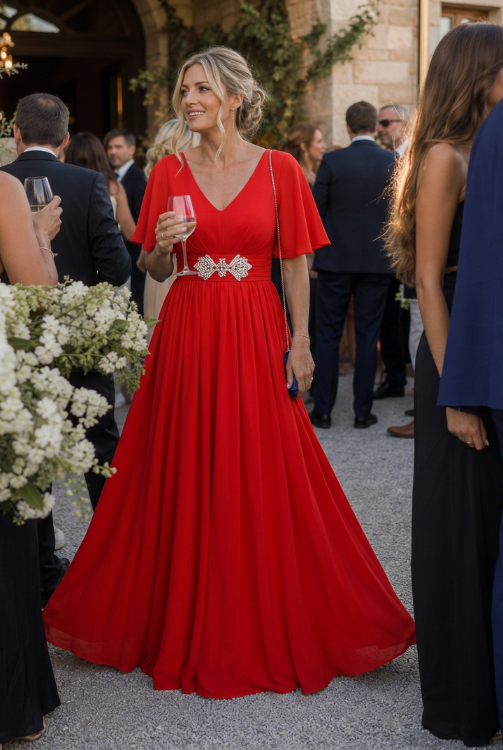 Feminine women's V-neck embellished maxi dress with flowing design & delicate flutter sleeves. Elegant formal wear.
