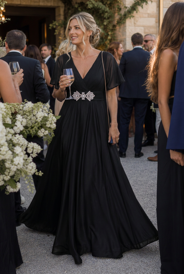 Glamorous women's V-neck embellished flowing maxi dress. A chic evening gown, suitable for any formal occasion.