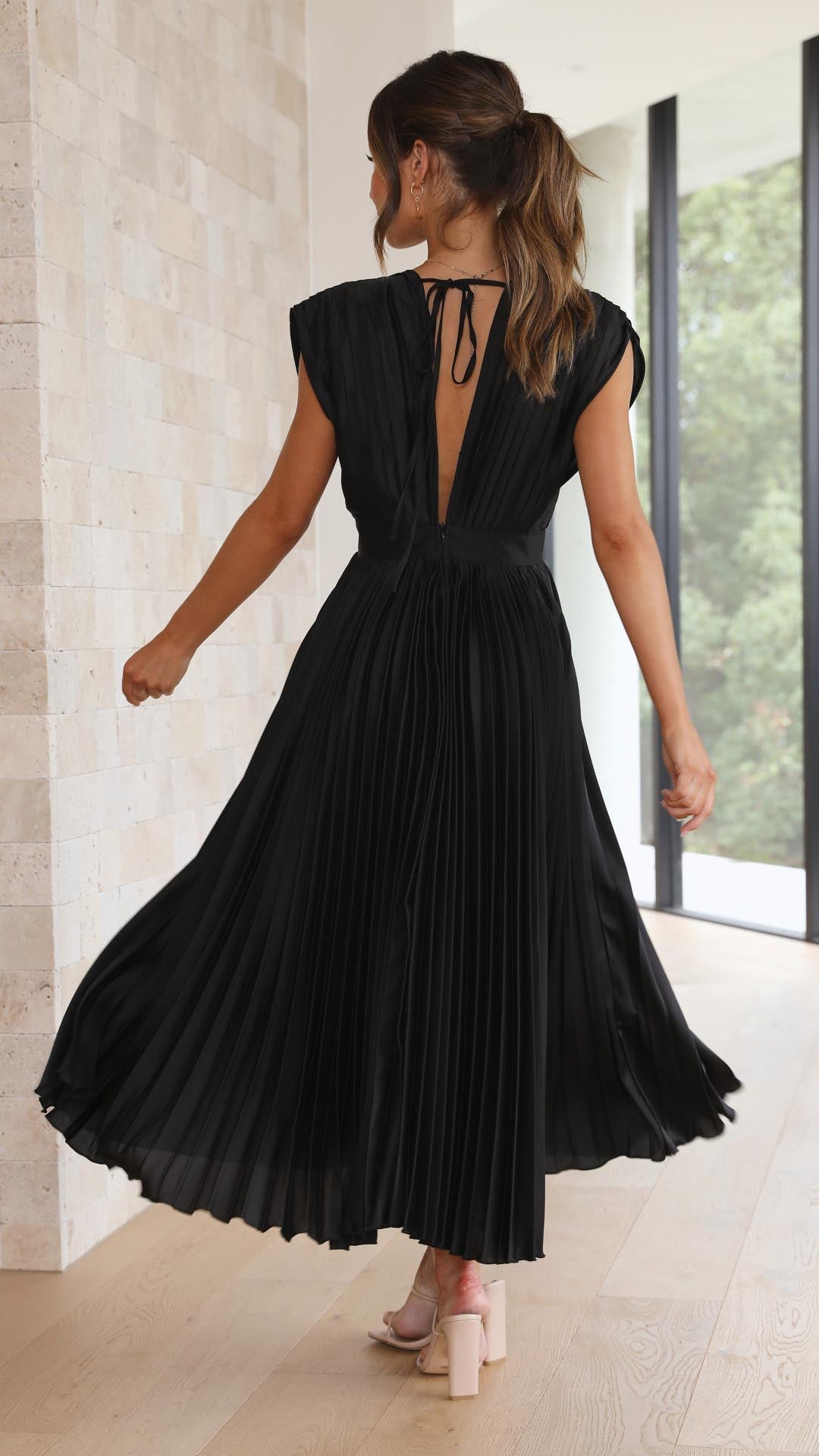 Versatile elegant V-neck midi dress for women, fit & flare design, suitable for any occasion.