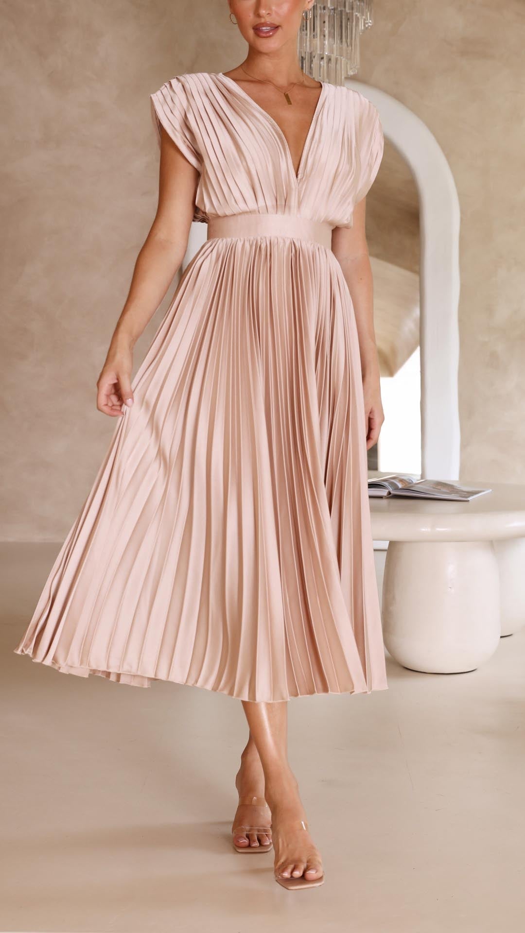 Elegant occasion midi dress for women, V-neck, fit & flare design. Ideal for spring/summer events.